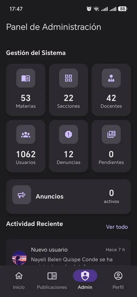 Admin dashboard with live stats